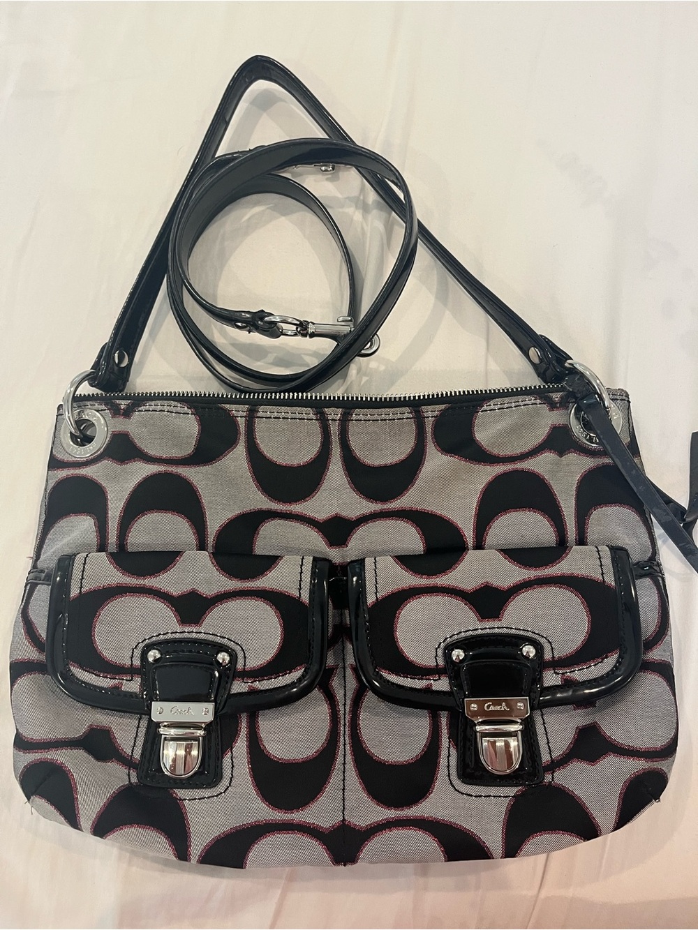VTG Coach Poppy Signature Sateen Double Pocket Hippie Shoulder Bag Y2K